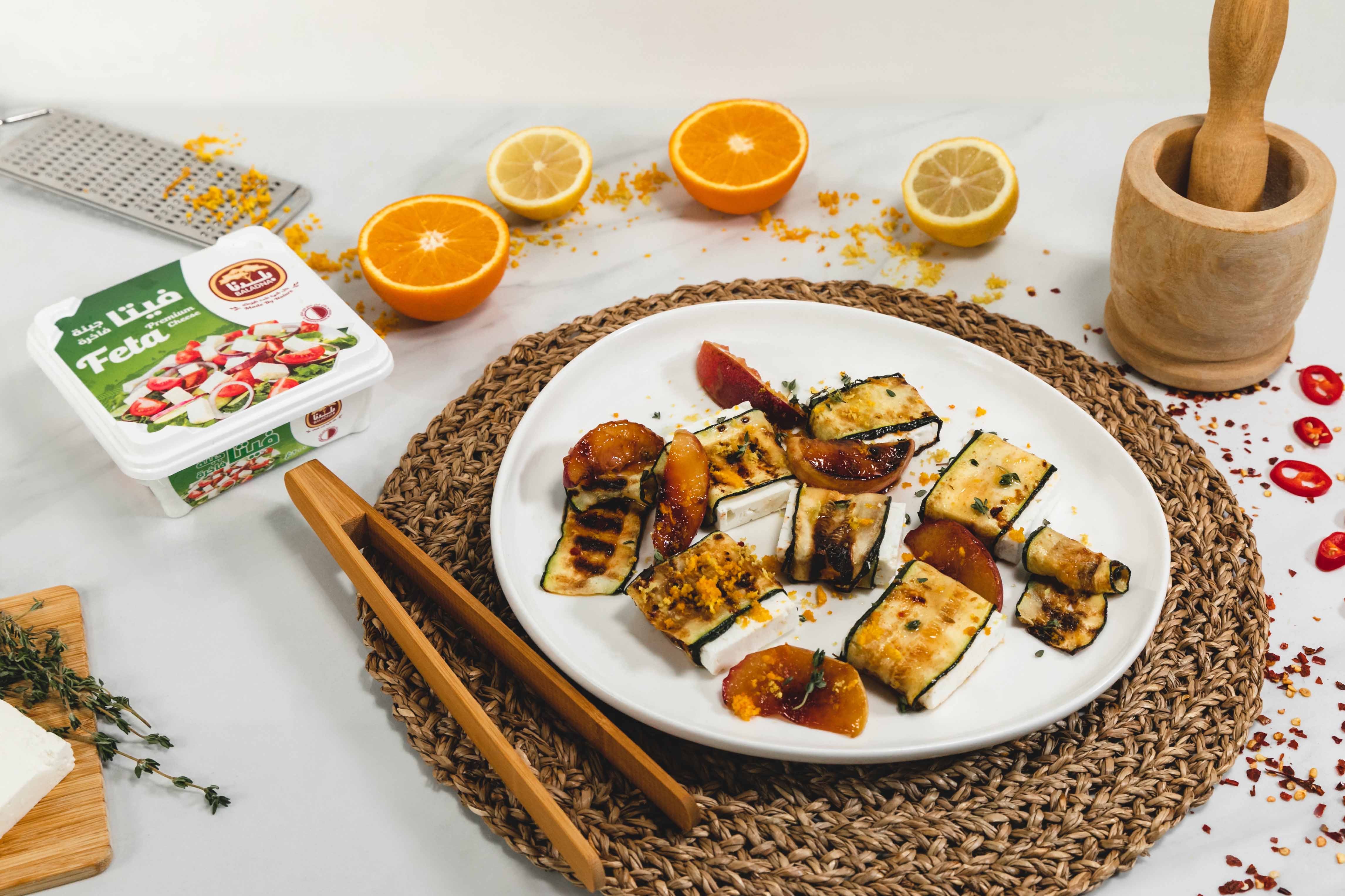 Feta Parcels with Grilled Courgettes and Peaches
